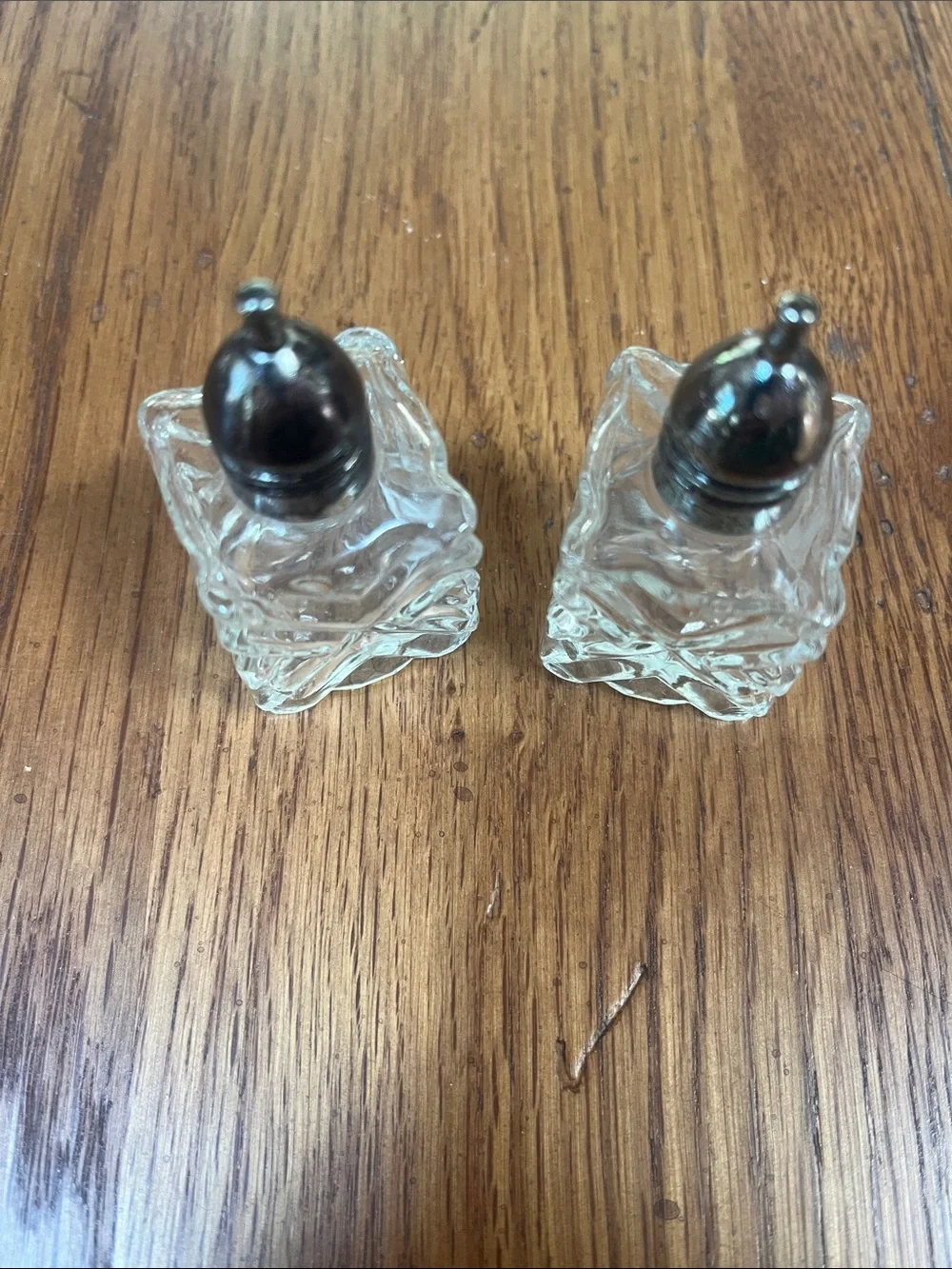 Vintage Pair Glass Salt and Pepper Shakers with Silver-Tone Tops